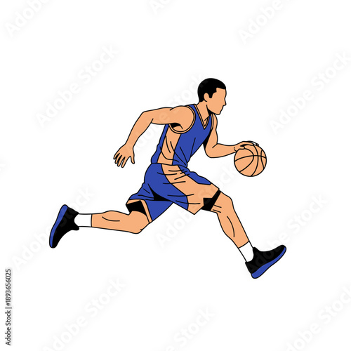 Basketball player dribbling ball during a game, athletic man in uniform, dynamic action shot