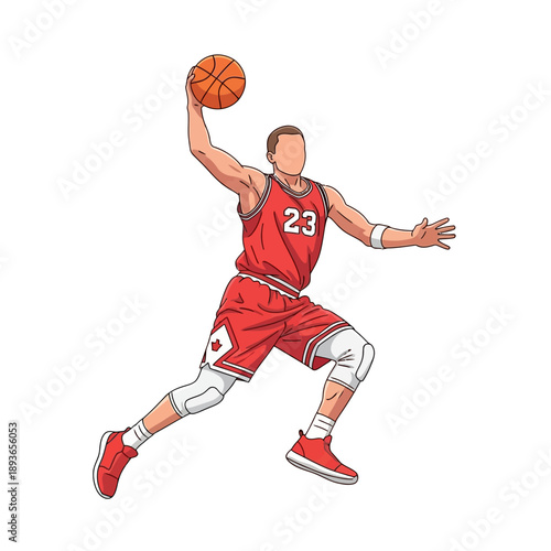 Basketball Player Dunking Action Shot, Athlete in Red Uniform, Sports Illustration