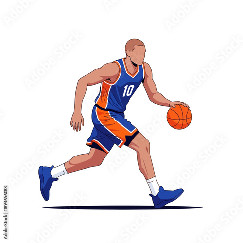 Basketball Player Dribbling Ball, Dynamic Action Sport Illustration