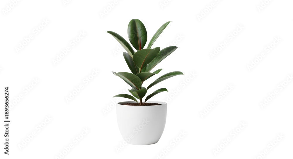 Fototapeta premium Ficus elastica plant in a white pot on a black background rubber tree, Isolated On Png Transparent Background