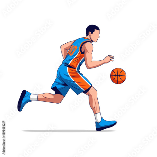 Basketball Player Dribbling Ball Running Fast - Dynamic Athletic Action Illustration