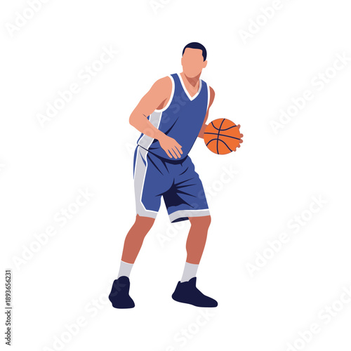 Basketball Player Dribbling Ball in Blue Uniform, Athletic Sports Vector Illustration