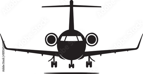 The image shows a black and white silhouette of an airplane landing on a runway