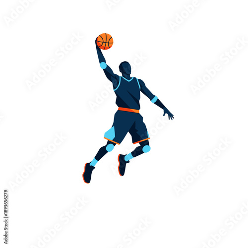 Basketball Player Silhouette Dunking with Ball Isolated on White Background