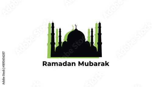 Ramadan Mubarak Mosque Silhouette in Modern Minimalist Design with Green Accent and Simple Typography for Greeting Card