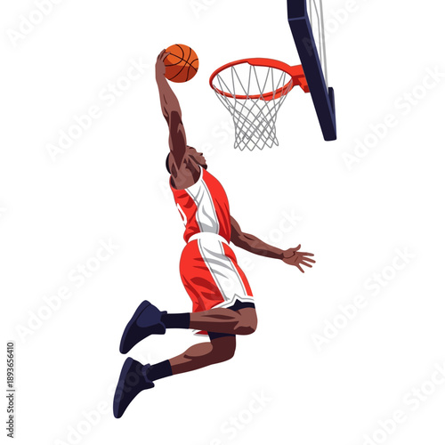 Basketball Player Dunking Slam Dunk Net Hoop Action Sport Red Jersey White Background