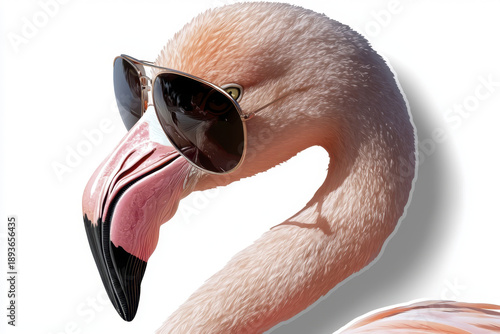 Cute flamingo pink feather wearing sunglasses isolated white background summer stylish animal bird cool sticker cheerful fun tropical fashion trendy happy design illustration adorable beak head