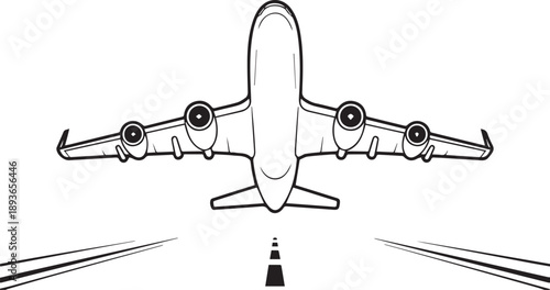 The image shows a line drawing of an airplane taking off from a runway