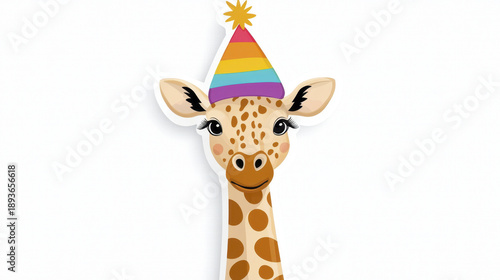 Cute giraffe cartoon animal party hat colorful sticker smiling isolated white background cheerful perfect for children birthday invitations or playful decor