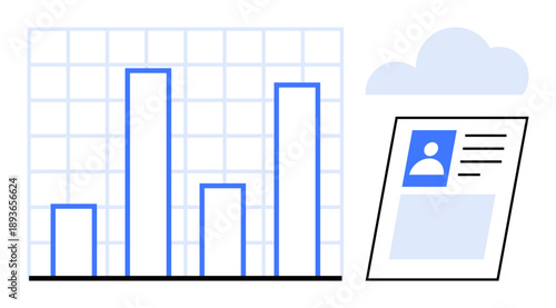 Data analytics concepts. Bar charts demonstrating statistical performance with cloud storage and user profile integration. Data analytics for businesses, education, and tech. Useful for marketing
