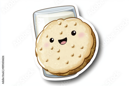 Cookie milk sticker cute cartoon happy kawaii dessert snack sweet illustration drawing character food adorable fun joyful playful smiling round creamy glass white brown baked treat child cheerful