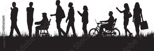 Diverse group of people silhouettes in a grassy field