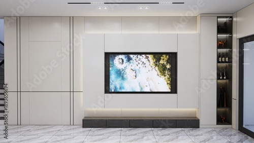 Photography Contemporary Home Entertainment: A sleek, modern living space with a large flat-screen TV mounted on a stylish panel