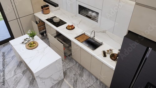Modern Culinary Space: A top-down view captures a pristine modern kitchen, showcasing sleek design and functional layout, inviting culinary creativity.