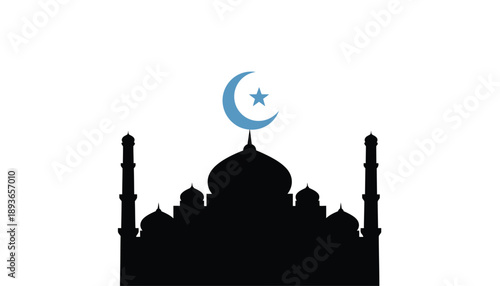 Mosque Silhouette with Crescent Moon and Star in Simple Flat Design on White Background for Islamic Symbol
