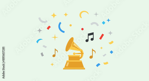 A festive golden gramophone music award illustration, celebrating musical achievement with vibrant confetti, sparkling elements, and classic musical notes for triumph and recognition