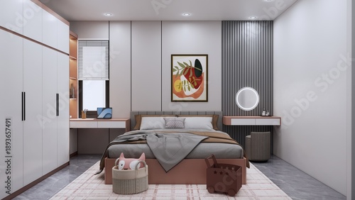 Photos Serene Bedroom Interior: Modern bedroom design combines minimalist aesthetics with comfortable living, featuring built-in wardrobe and matching wooden desk