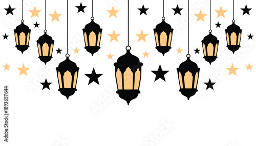 Hanging Lanterns in Elegant Night Sky with Golden Stars and Soft Glow for Ramadan Celebration