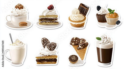 Coffee whipped cream cake cupcake chocolate dessert pastry sweet creamy delicious treats with decorative toppings create joyful and indulgent mood