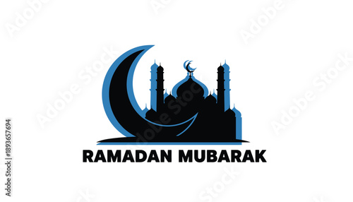 Ramadan Mubarak Greeting Card with Crescent Moon and Mosque Silhouette in Dark Blue and Black Colors on White Background for Islamic Greeting