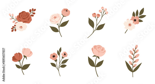 Set of delicate floral elements with roses and buds in soft terracotta and blush tones