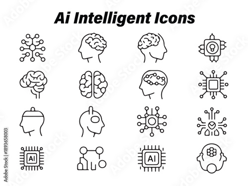 AI Intelligent Line Icons Vector Set: Brains and Technology