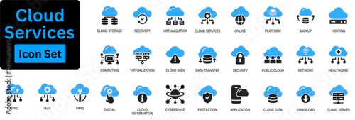 Cloud Services icon set. Cloud computing and cloud services solid icons set contain SaaS, PaaS, IaaS, cloud storage, security, network, and hosting symbols for web and app development