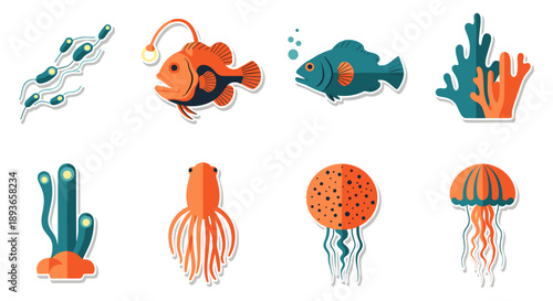 Set of colorful flat design marine life icons: fish, jellyfish, octopus, coral, and plants