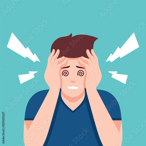 Unhealthy man suffer from headache or migraine. Unwell guy struggle with dizziness or blurry vision. Suffering person holding head in hands. Health problems. Vector illustration.