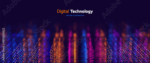 Colorful Big Data Visualization With Dynamic Stack Of Dots And Data Center Waves On Dark Background. Innovative Tech Graphics. Vector Illustration.