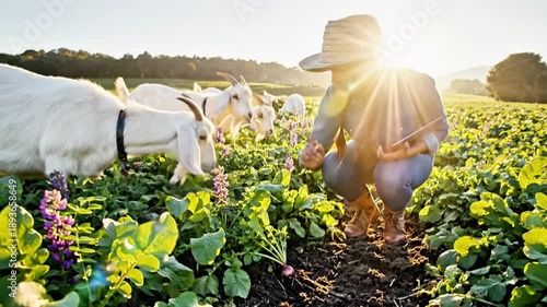 A woman in a field surrounded by goats examining plants