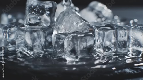 Melting Ice Cubes in Water Closeup.