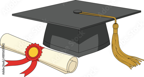 Graduation cap and diploma with ribbon symbolizing academic achievement, education success and university completion