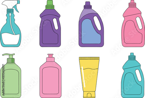 Set of assorted colorful cleaning product bottles and containers isolated on white background for household hygiene concept