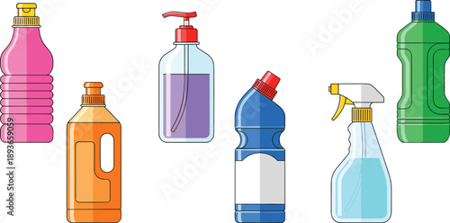 Set of household cleaning bottles with spray, pump, and detergent containers in colorful flat illustration style