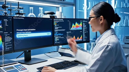 A scientist in a lab coat analyzes agricultural data on a computer with multiple screens displaying graphs and a 3D field model