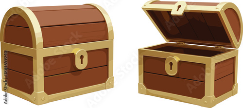 Wooden treasure chest set with closed and open box, gold trim and lock, isolated on white background