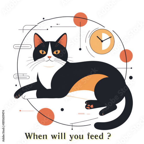 Black cat in abstract geometric style "When will you be fed?" — imitation editorial work in the copy space