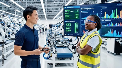 Two men analyzing machinery data on a large screen in an industrial setting