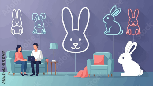 Two people sit on a couch, a man works on a laptop, bunny decor on wall