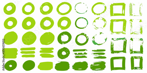 A grid of green brushstroke shapes including circles and squares
