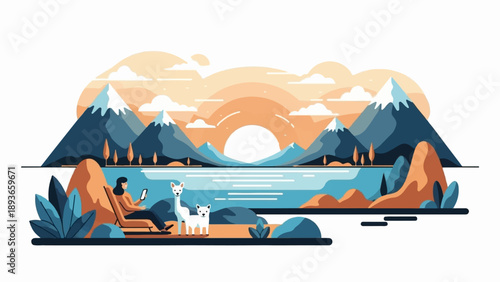 Woman and animals relax by a serene lake with majestic mountains at sunset