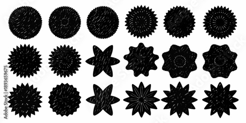 Abstract arrangement of black textured circular and star like shapes