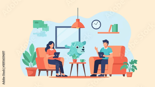 Two people sit on couches with tablets, a dog floats nearby