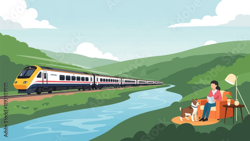 Woman and dog relax by river as train passes through scenic green landscape