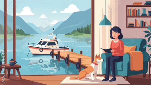 Woman and dog relax indoors with lake view, boat docked
