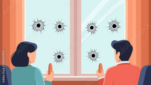 Two people hold bullets, looking at a window with bullet holes