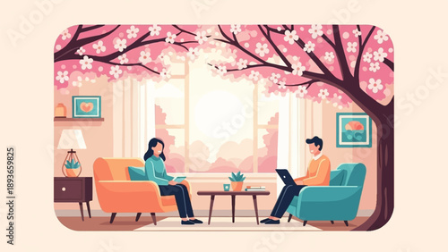 Two people in a cozy living room with a flowering tree outside the window