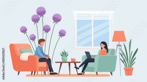 Two people relaxing indoors amidst plants and flowers