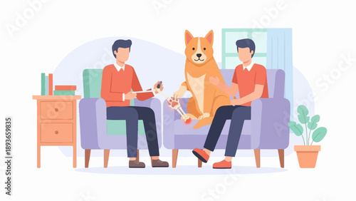 Two people examine a dog's paw with a glowing bone X-ray